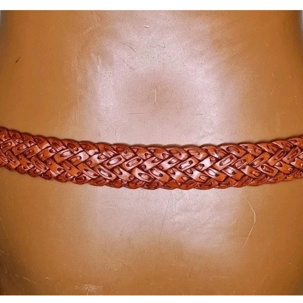 Vtg Nocona Hand Crafted Braided Brown Leather Belt Sz 34 Western Etched Buckle